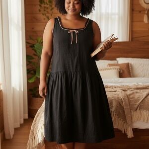 Drop Waist Cotton Sleeveless Dress with  Copper Trim